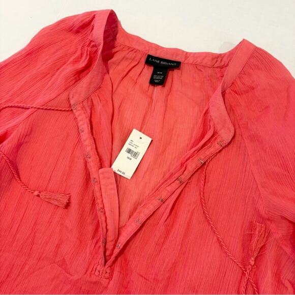 NWT Lane Bryant Coral Pink Blouse Gauzy Cotton Tie Neck 3/4 Sleeve, Size 18/20 - Picture 8 of 9